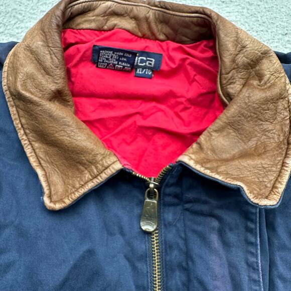 Vintage 90s Nautica Leather Collar Twill Bomber Jacket Mens XL Navy Red Full Zip - Picture 9 of 16